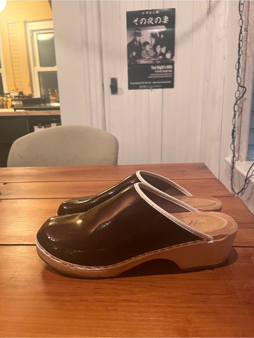 Lotta from Stockholm Patent Leather Clogs in Dark Brown with White Trim